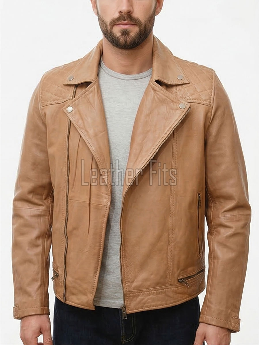 Men Tan Brown Genuine Leather  Jacket - Slim Fit Real Sheepskin Casual Winter Moto Outerwear for Men