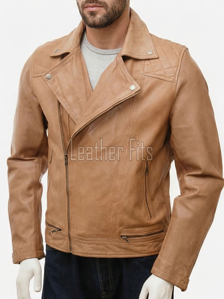 Men Tan Brown Genuine Leather  Jacket - Slim Fit Real Sheepskin Casual Winter Moto Outerwear for Men
