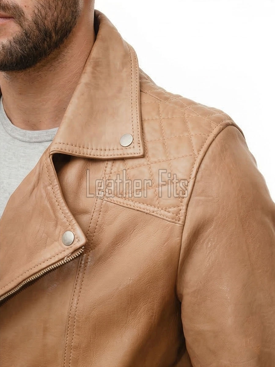 Men Tan Brown Genuine Leather  Jacket - Slim Fit Real Sheepskin Casual Winter Moto Outerwear for Men