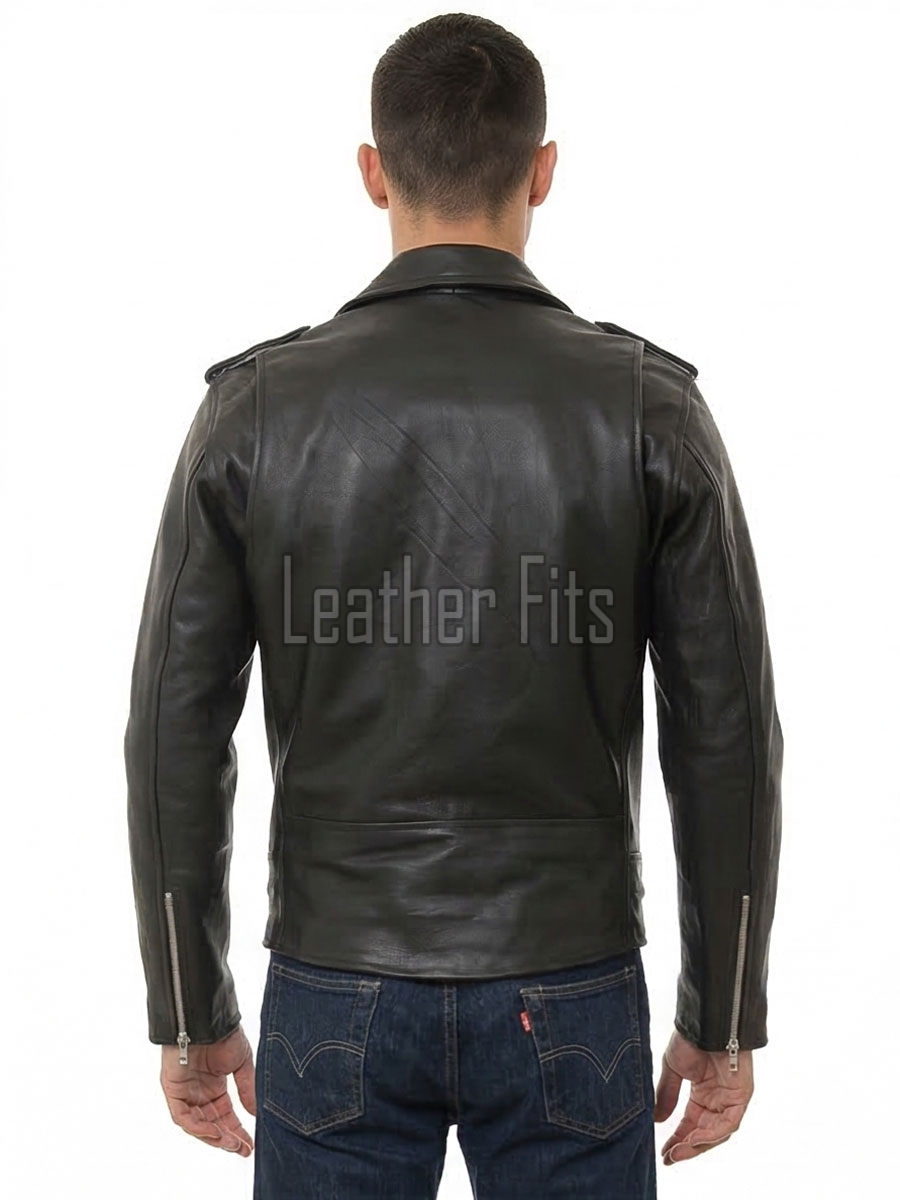 Men Black Premium Genuine Leather Biker Jacket - Classic Cross Zip Slim Fit Real Cowhide Motorcycle Belted Outerwear for Men