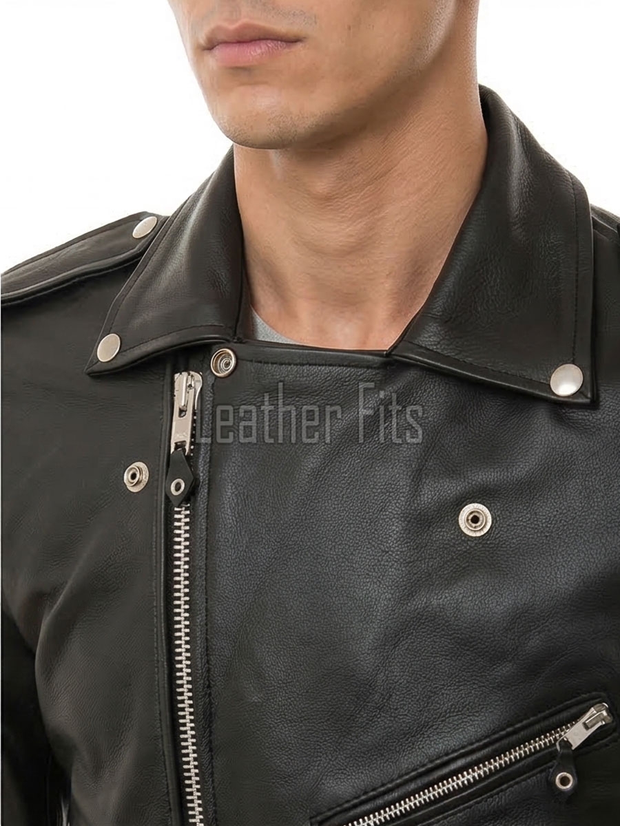 Men Black Premium Genuine Leather Biker Jacket - Classic Cross Zip Slim Fit Real Cowhide Motorcycle Belted Outerwear for Men