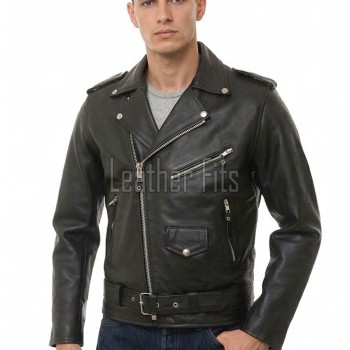 Men Black Premium Genuine Leather Biker Jacket - Classic Cross Zip Slim Fit Real Cowhide Motorcycle Belted Outerwear for Men