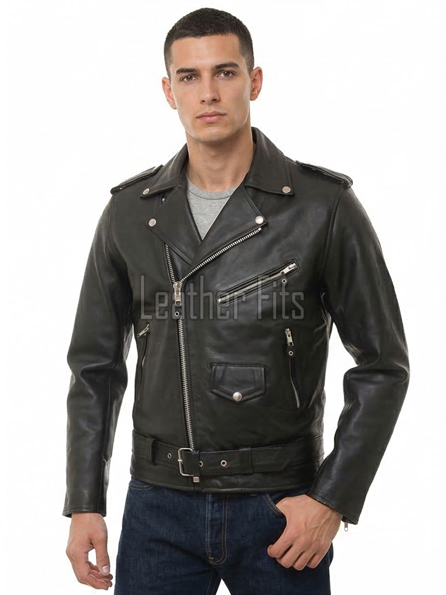 Men Black Premium Genuine Leather Biker Jacket - Classic Cross Zip Slim Fit Real Cowhide Motorcycle Belted Outerwear for Men