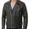 Men Black Genuine Leather Biker Jacket - Slim Fit Real Sheepskin Cross Zip Motorcycle Coat with Double Side Buckles for Men