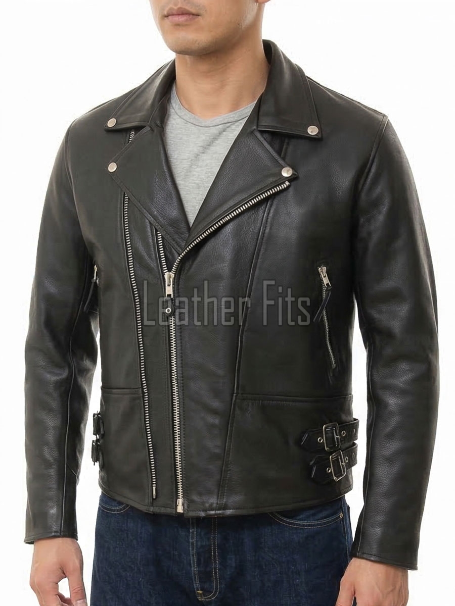 Men Black Genuine Leather Biker Jacket - Slim Fit Real Sheepskin Cross Zip Motorcycle Coat with Double Side Buckles for Men