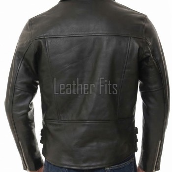 Men Black Genuine Leather Biker Jacket - Slim Fit Real Sheepskin Cross Zip Motorcycle Coat with Double Side Buckles for Men