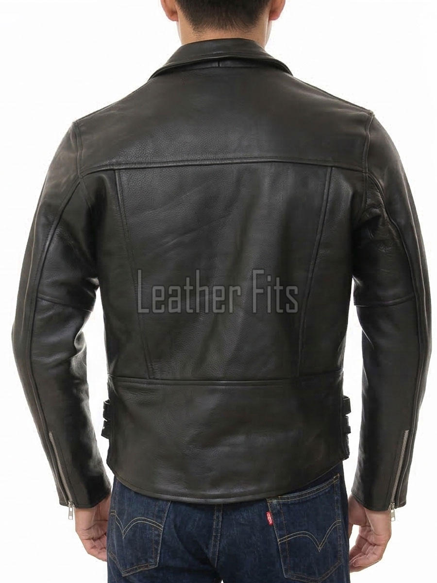 Men Black Genuine Leather Biker Jacket - Slim Fit Real Sheepskin Cross Zip Motorcycle Coat with Double Side Buckles for Men
