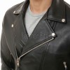 Men Black Genuine Leather Biker Jacket - Slim Fit Real Sheepskin Cross Zip Motorcycle Coat with Double Side Buckles for Men