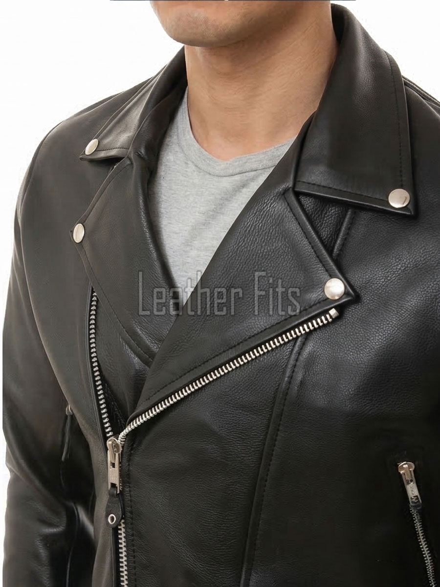 Men Black Genuine Leather Biker Jacket - Slim Fit Real Sheepskin Cross Zip Motorcycle Coat with Double Side Buckles for Men