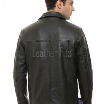 Men Black Premium Genuine Leather Jacket - Classic Shirt Collar Slim Fit Real Sheepskin Central Zip Casual Minimalist Outerwear for Men