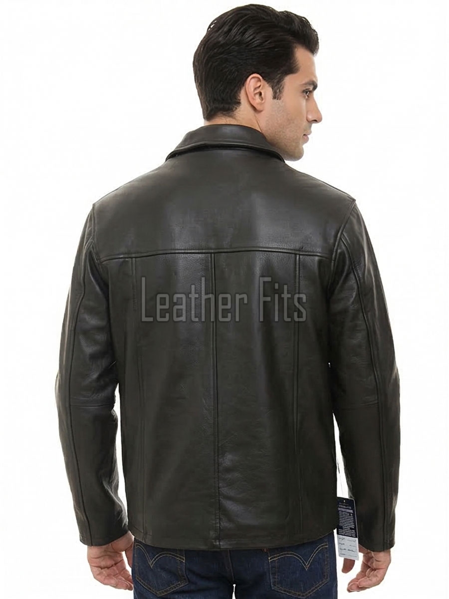Men Black Premium Genuine Leather Jacket - Classic Shirt Collar Slim Fit Real Sheepskin Central Zip Casual Minimalist Outerwear for Men