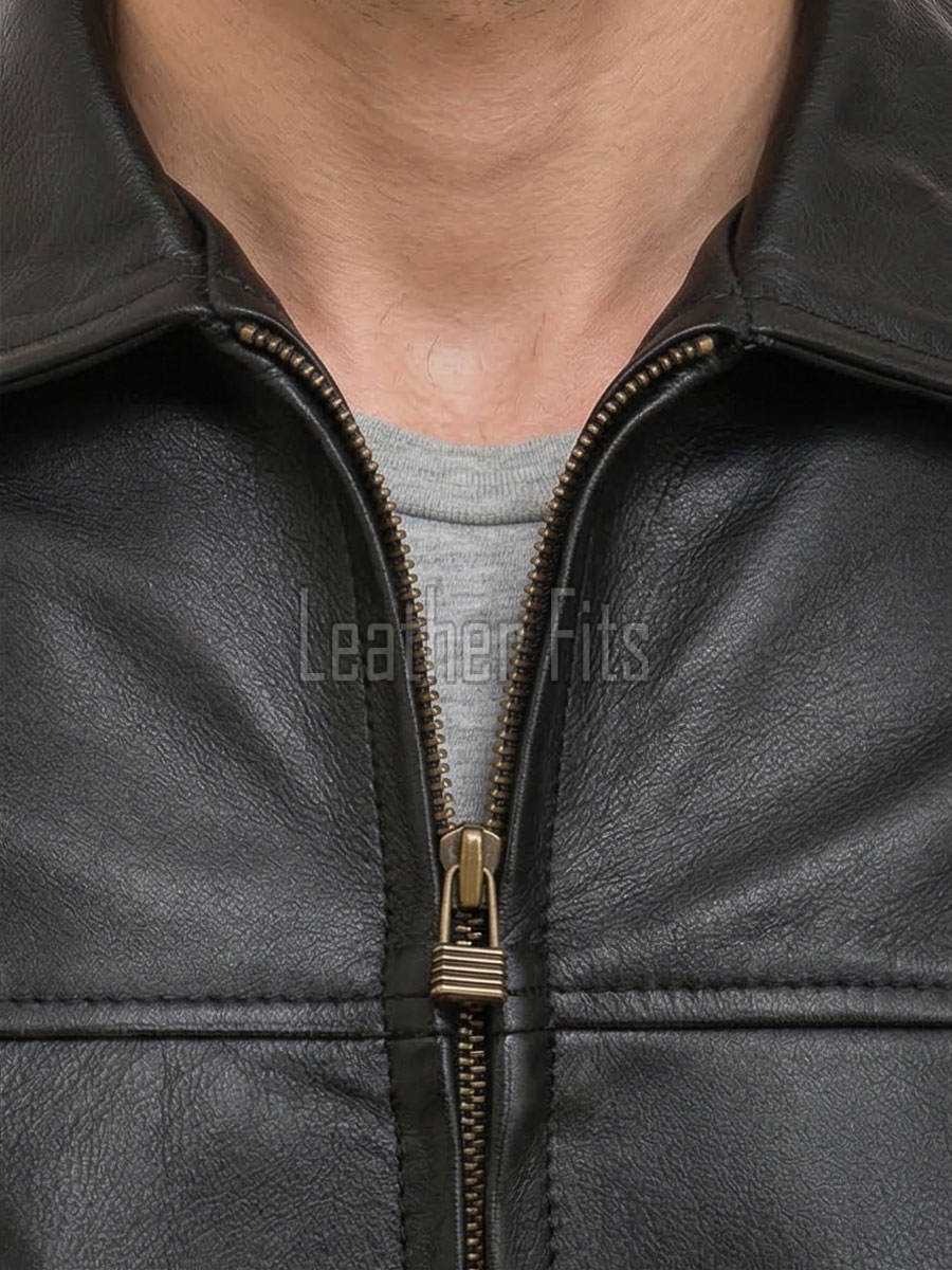 Men Black Premium Genuine Leather Jacket - Classic Shirt Collar Slim Fit Real Sheepskin Central Zip Casual Minimalist Outerwear for Men