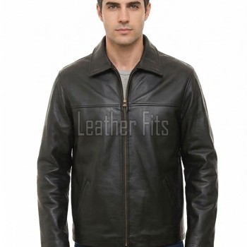 Men Black Premium Genuine Leather Jacket - Classic Shirt Collar Slim Fit Real Sheepskin Central Zip Casual Minimalist Outerwear for Men