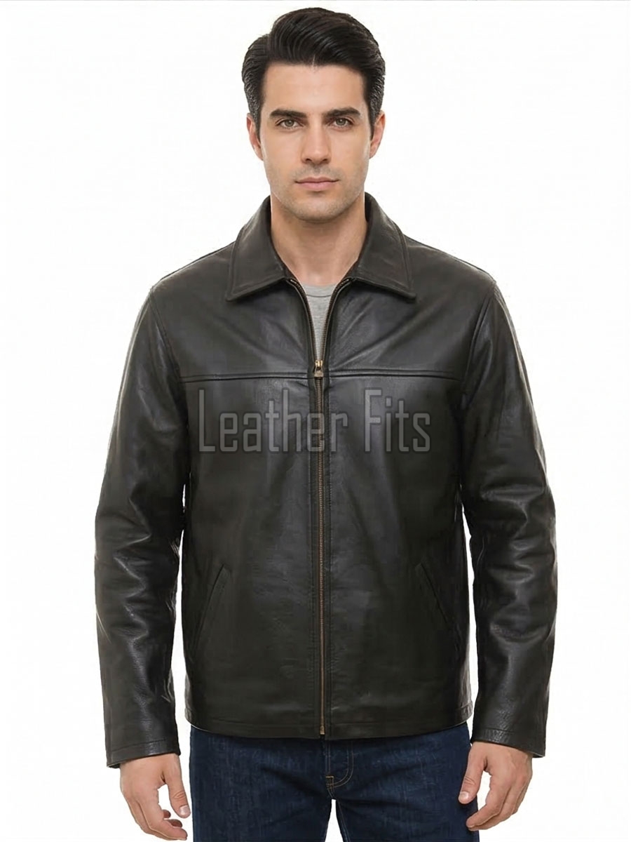 Men Black Premium Genuine Leather Jacket - Classic Shirt Collar Slim Fit Real Sheepskin Central Zip Casual Minimalist Outerwear for Men