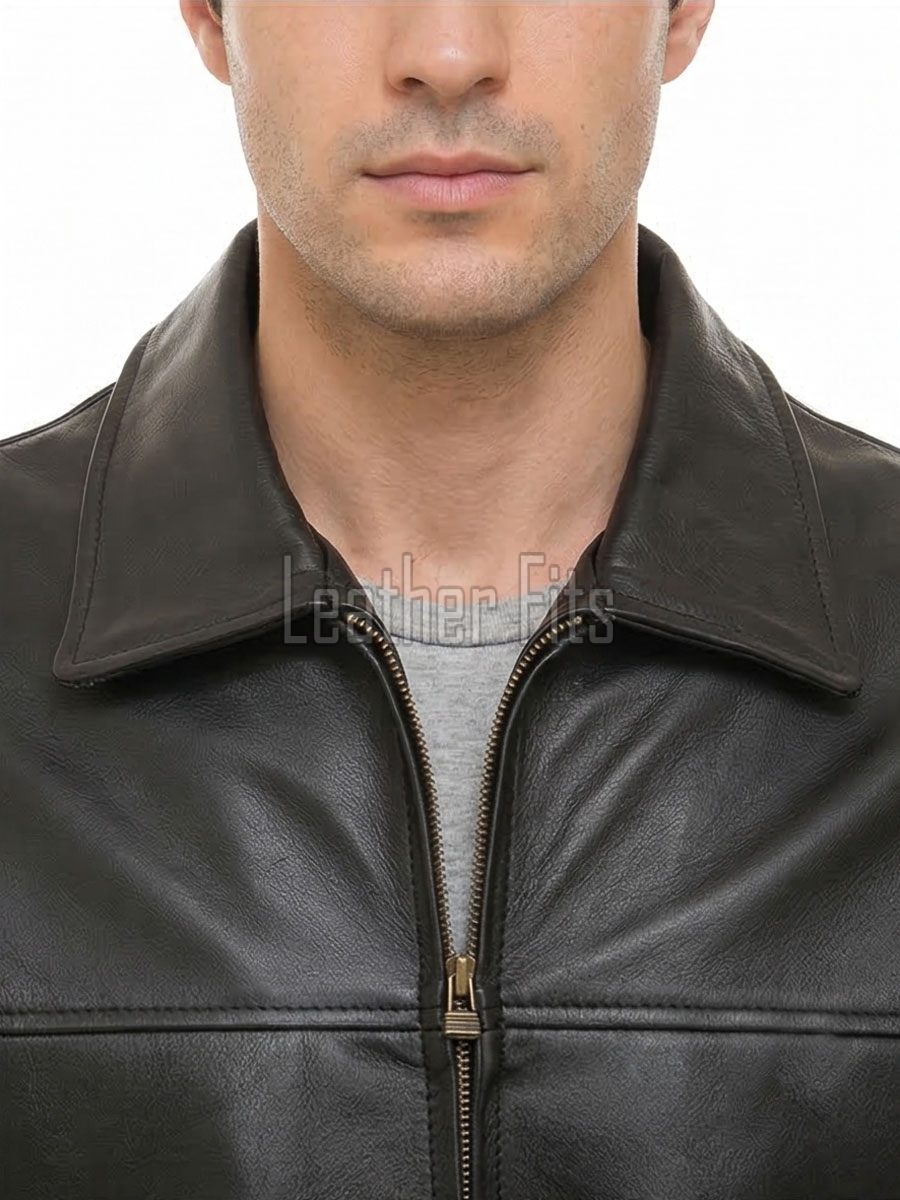 Men Black Premium Genuine Leather Jacket - Classic Shirt Collar Slim Fit Real Sheepskin Central Zip Casual Minimalist Outerwear for Men