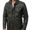 Men Black Premium Genuine Leather Cargo Jacket - Military Stand Collar Slim Fit Real Sheepskin Multi Pocket Casual Outerwear for Men