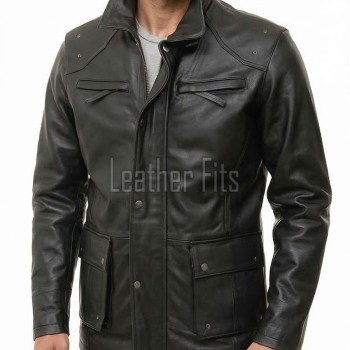 Men Black Premium Genuine Leather Cargo Jacket - Military Stand Collar Slim Fit Real Sheepskin Multi Pocket Casual Outerwear for Men