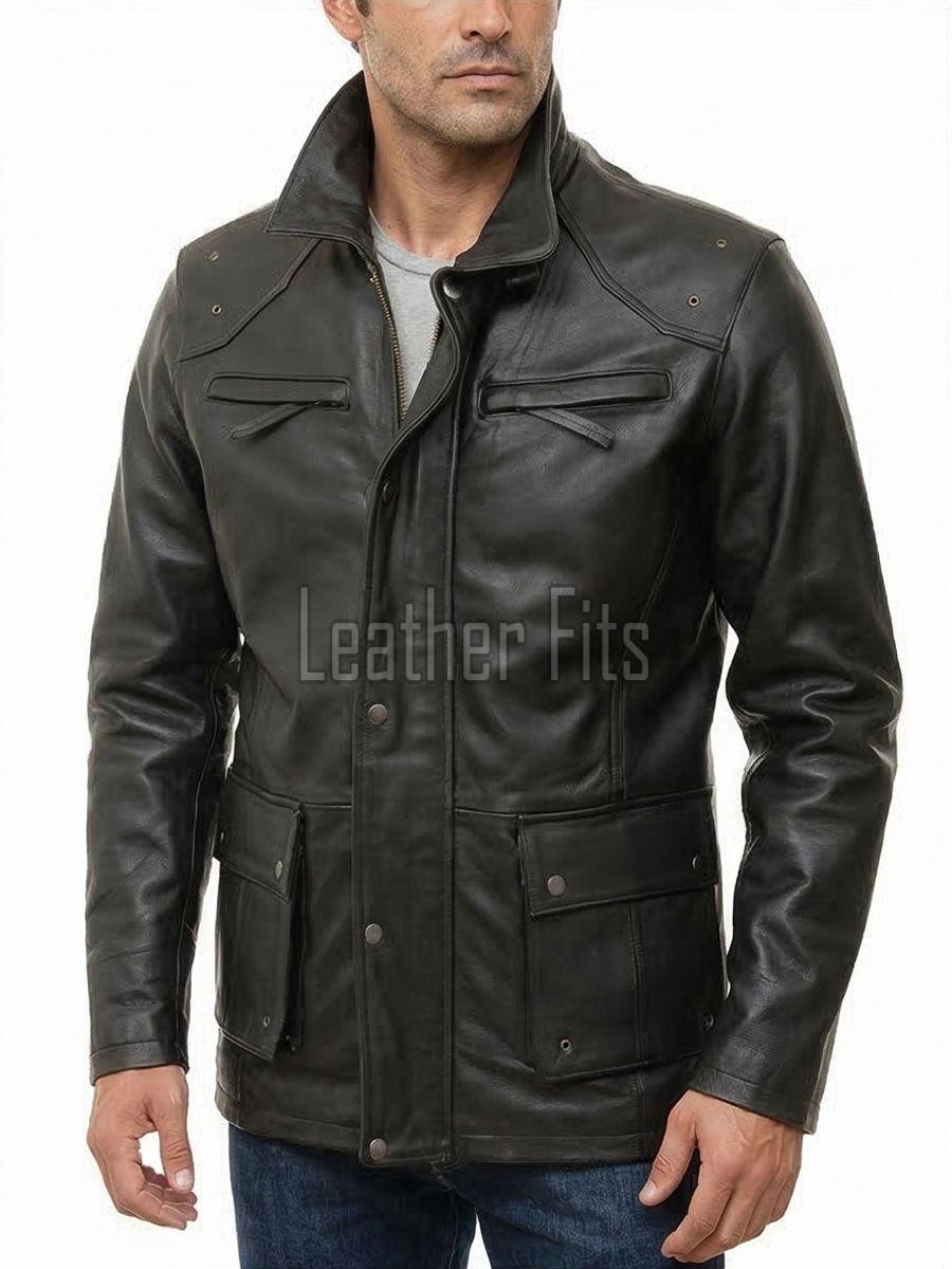 Men Black Premium Genuine Leather Cargo Jacket - Military Stand Collar Slim Fit Real Sheepskin Multi Pocket Casual Outerwear for Men