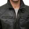 Men Black Premium Genuine Leather Cargo Jacket - Military Stand Collar Slim Fit Real Sheepskin Multi Pocket Casual Outerwear for Men