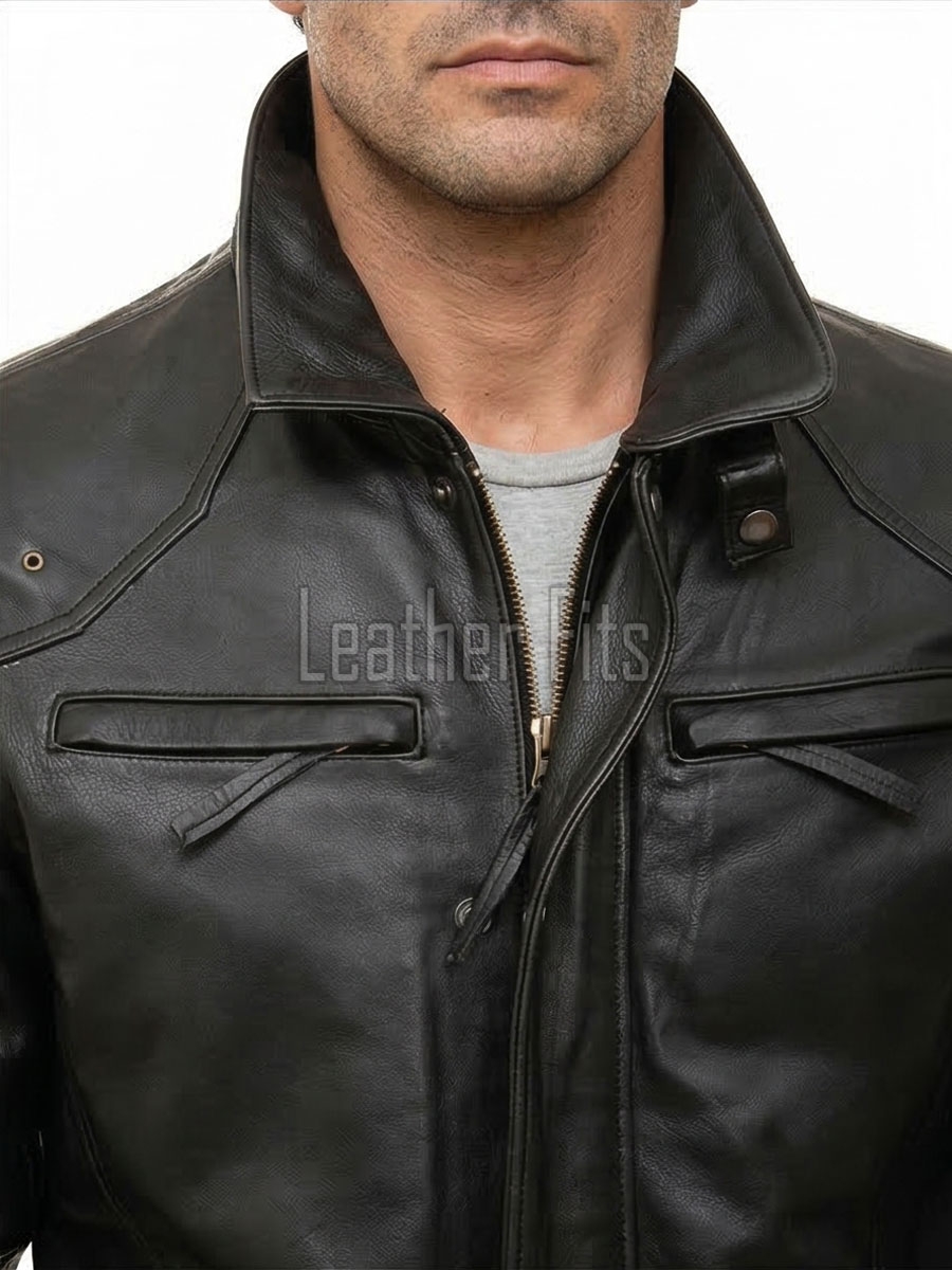 Men Black Premium Genuine Leather Cargo Jacket - Military Stand Collar Slim Fit Real Sheepskin Multi Pocket Casual Outerwear for Men