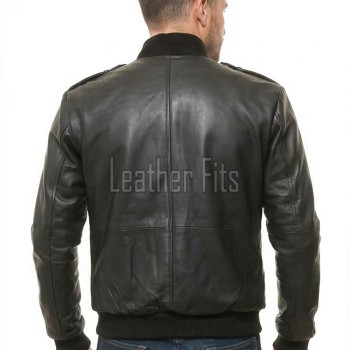 Men Black Premium Genuine Leather Bomber Jacket - Rib Knit Trim Slim Fit Real Sheepskin Central Zip Multi Pocket Casual Outerwear for Men