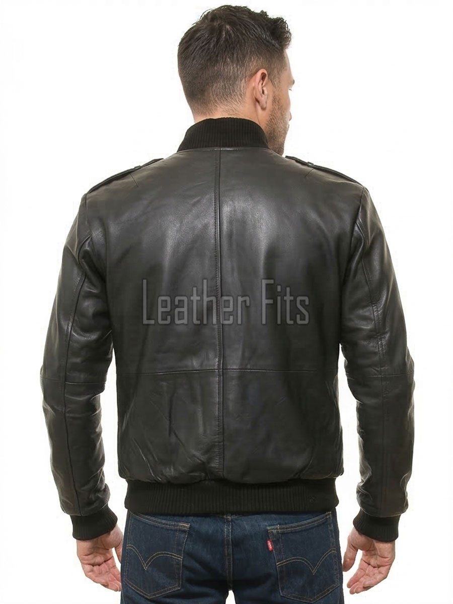 Men Black Premium Genuine Leather Bomber Jacket - Rib Knit Trim Slim Fit Real Sheepskin Central Zip Multi Pocket Casual Outerwear for Men