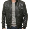 Men Black Premium Genuine Leather Bomber Jacket - Rib Knit Trim Slim Fit Real Sheepskin Central Zip Multi Pocket Casual Outerwear for Men