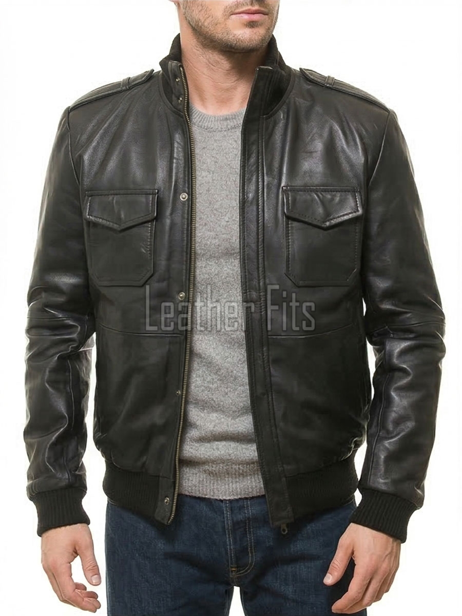 Men Black Premium Genuine Leather Bomber Jacket - Rib Knit Trim Slim Fit Real Sheepskin Central Zip Multi Pocket Casual Outerwear for Men
