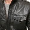 Men Black Premium Genuine Leather Bomber Jacket - Rib Knit Trim Slim Fit Real Sheepskin Central Zip Multi Pocket Casual Outerwear for Men
