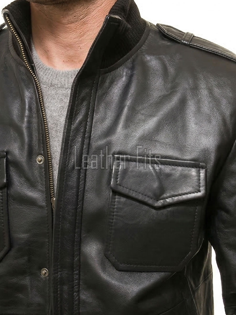 Men Black Premium Genuine Leather Bomber Jacket - Rib Knit Trim Slim Fit Real Sheepskin Central Zip Multi Pocket Casual Outerwear for Men