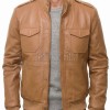 Men Tan Brown Premium Genuine Leather Bomber Jacket - Rib Knit Trim Slim Fit Real Sheepskin Central Zip Flap Chest Pocket for Men