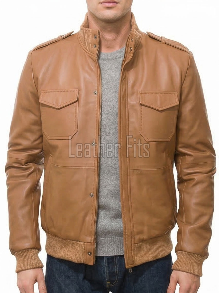 Men Tan Brown Premium Genuine Leather Bomber Jacket - Rib Knit Trim Slim Fit Real Sheepskin Central Zip Flap Chest Pocket for Men