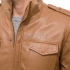Men Tan Brown Premium Genuine Leather Bomber Jacket - Rib Knit Trim Slim Fit Real Sheepskin Central Zip Flap Chest Pocket for Men