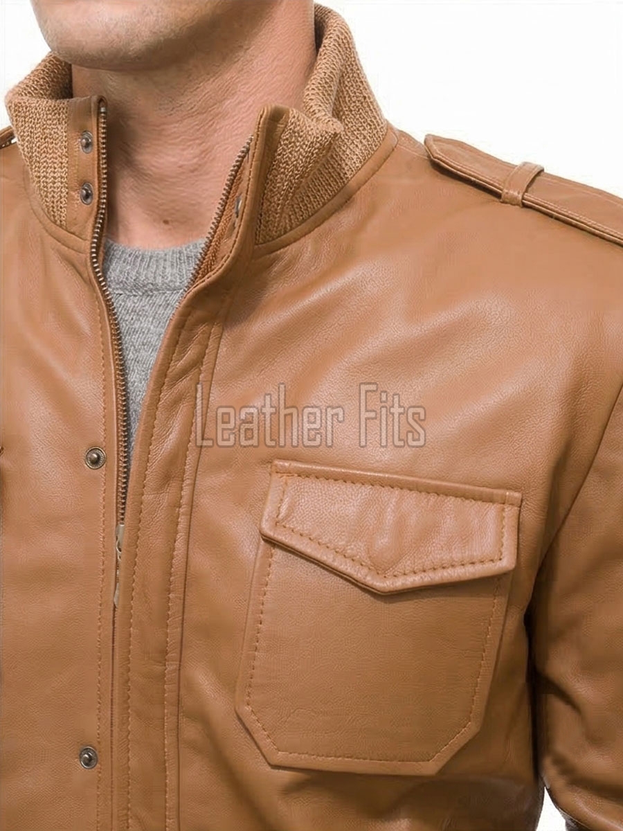 Men Tan Brown Premium Genuine Leather Bomber Jacket - Rib Knit Trim Slim Fit Real Sheepskin Central Zip Flap Chest Pocket for Men