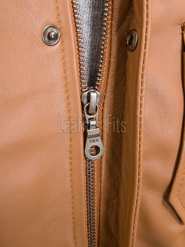 Men Tan Brown Premium Genuine Leather Bomber Jacket - Rib Knit Trim Slim Fit Real Sheepskin Central Zip Flap Chest Pocket for Men