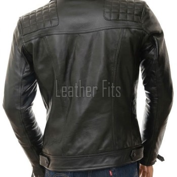 Men Black Premium Genuine Leather Biker Jacket - Quilted Shoulder Slim Fit Real Sheepskin Asymmetrical Cross Zip Moto Outerwear for Men