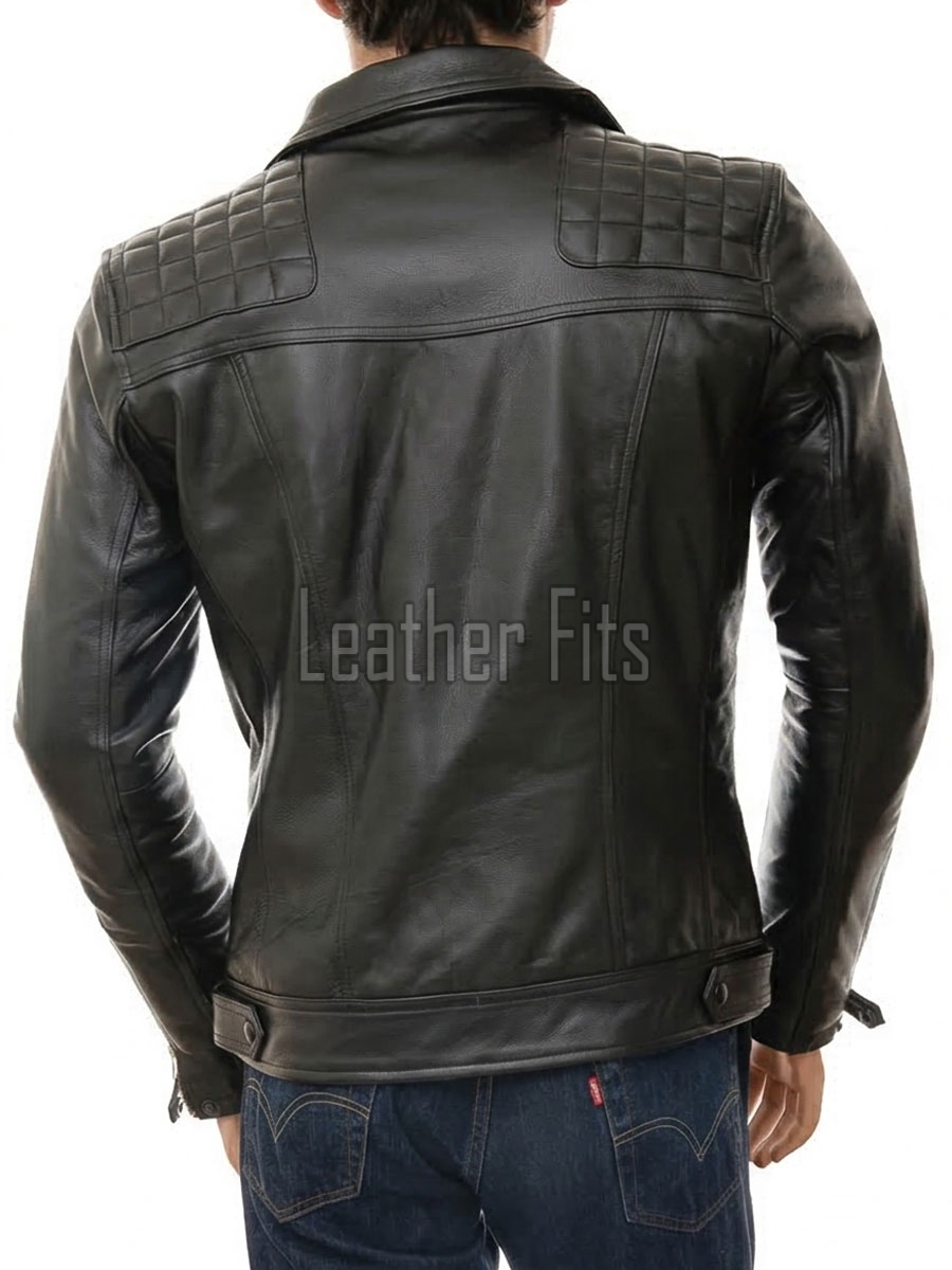 Men Black Premium Genuine Leather Biker Jacket - Quilted Shoulder Slim Fit Real Sheepskin Asymmetrical Cross Zip Moto Outerwear for Men