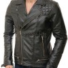 Men Black Premium Genuine Leather Biker Jacket - Quilted Shoulder Slim Fit Real Sheepskin Asymmetrical Cross Zip Moto Outerwear for Men