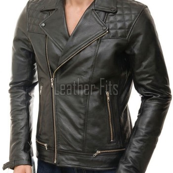 Men Black Premium Genuine Leather Biker Jacket - Quilted Shoulder Slim Fit Real Sheepskin Asymmetrical Cross Zip Moto Outerwear for Men