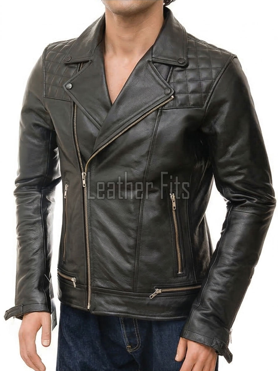 Men Black Premium Genuine Leather Biker Jacket - Quilted Shoulder Slim Fit Real Sheepskin Asymmetrical Cross Zip Moto Outerwear for Men