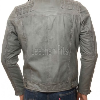 Men Grey Premium Genuine Leather Biker Jacket - Quilted Shoulder Slim Fit Real Sheepskin Asymmetrical Cross Zip Moto Outerwear for Men