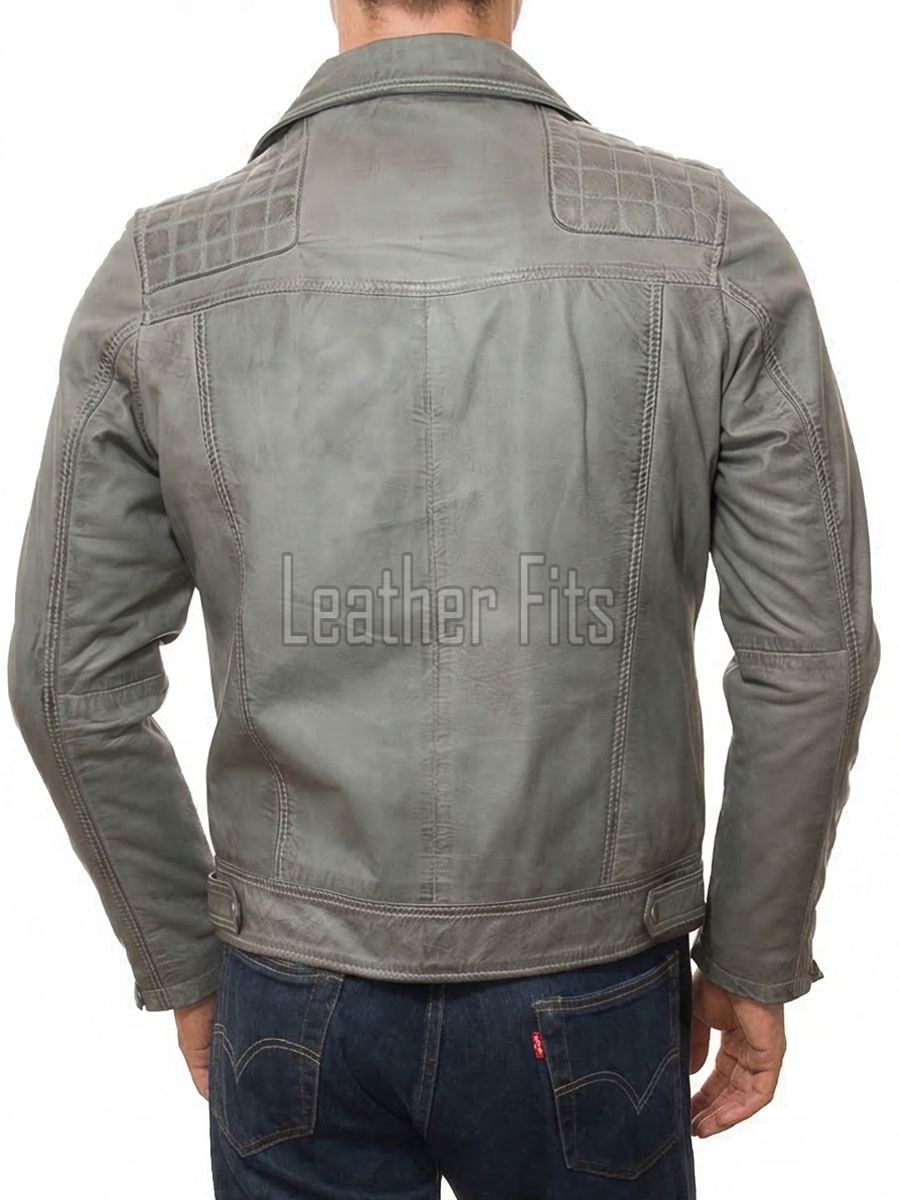 Men Grey Premium Genuine Leather Biker Jacket - Quilted Shoulder Slim Fit Real Sheepskin Asymmetrical Cross Zip Moto Outerwear for Men