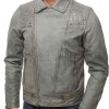 Men Grey Premium Genuine Leather Biker Jacket - Quilted Shoulder Slim Fit Real Sheepskin Asymmetrical Cross Zip Moto Outerwear for Men