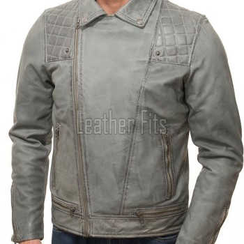 Men Grey Premium Genuine Leather Biker Jacket - Quilted Shoulder Slim Fit Real Sheepskin Asymmetrical Cross Zip Moto Outerwear for Men