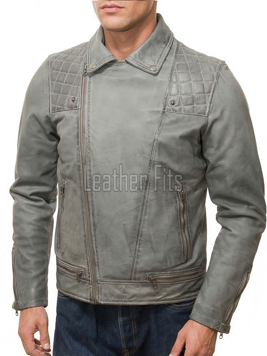 Men Grey Premium Genuine Leather Biker Jacket - Quilted Shoulder Slim Fit Real Sheepskin Asymmetrical Cross Zip Moto Outerwear for Men
