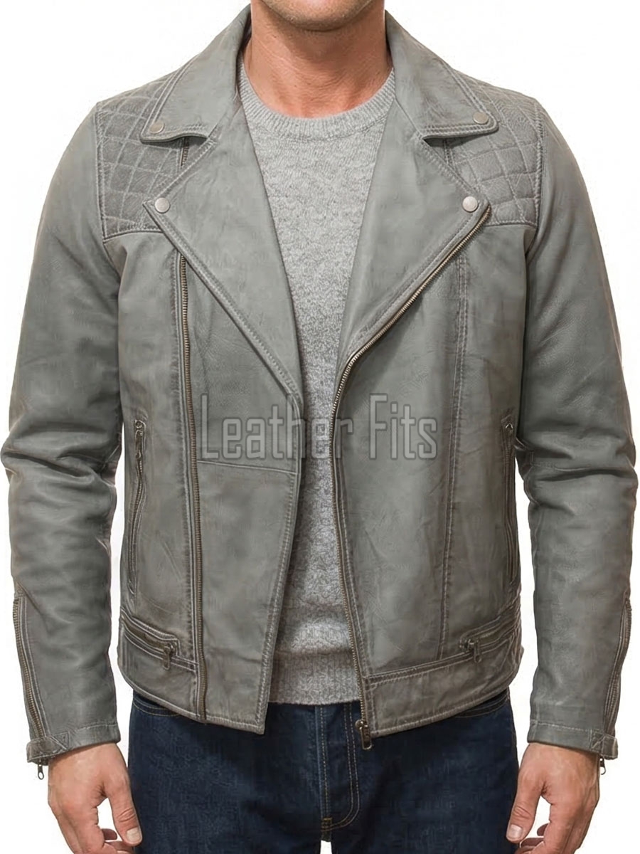 Men Grey Premium Genuine Leather Biker Jacket - Quilted Shoulder Slim Fit Real Sheepskin Asymmetrical Cross Zip Moto Outerwear for Men