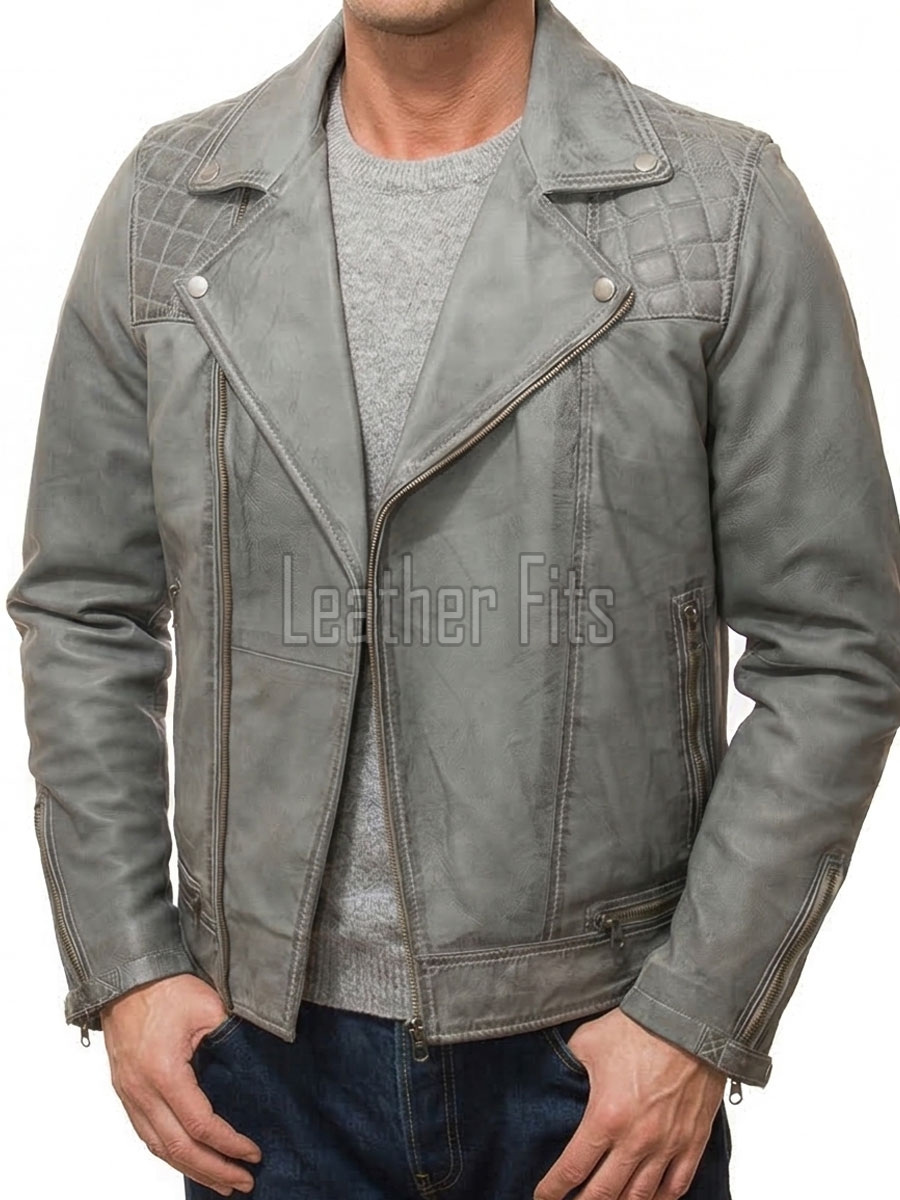 Men Grey Premium Genuine Leather Biker Jacket - Quilted Shoulder Slim Fit Real Sheepskin Asymmetrical Cross Zip Moto Outerwear for Men