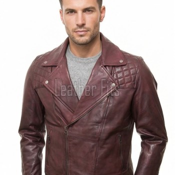 Men Maroon Premium Genuine Leather Biker Jacket - Quilted Shoulder Slim Fit Real Sheepskin Asymmetrical Cross Zip Moto Outerwear for Men