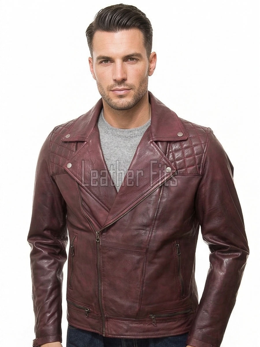 Men Maroon Premium Genuine Leather Biker Jacket - Quilted Shoulder Slim Fit Real Sheepskin Asymmetrical Cross Zip Moto Outerwear for Men