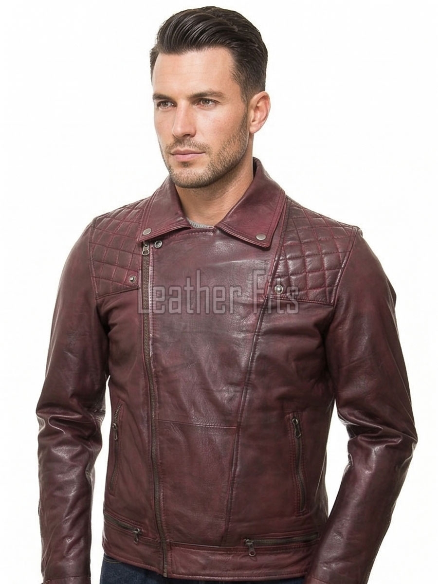Men Maroon Premium Genuine Leather Biker Jacket - Quilted Shoulder Slim Fit Real Sheepskin Asymmetrical Cross Zip Moto Outerwear for Men